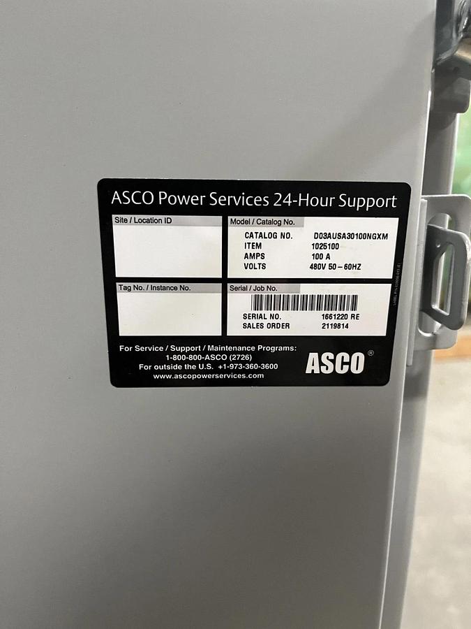 Used New ASCO 100 Amp 480V Automatic Transfer Switch - S/N: 1661220 RE