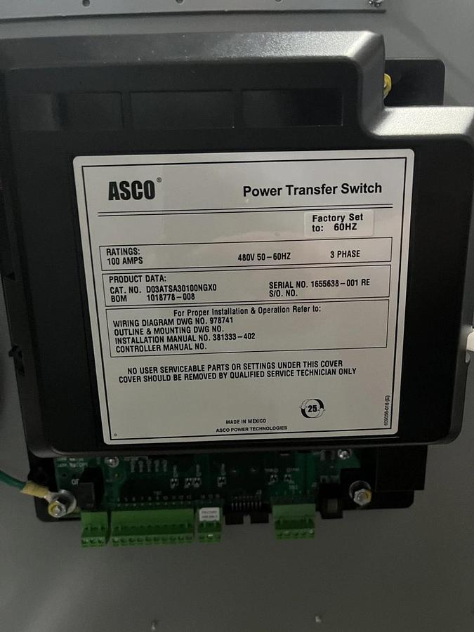 Used New ASCO 100 Amp 480V Automatic Transfer Switch - S/N: 1661220 RE