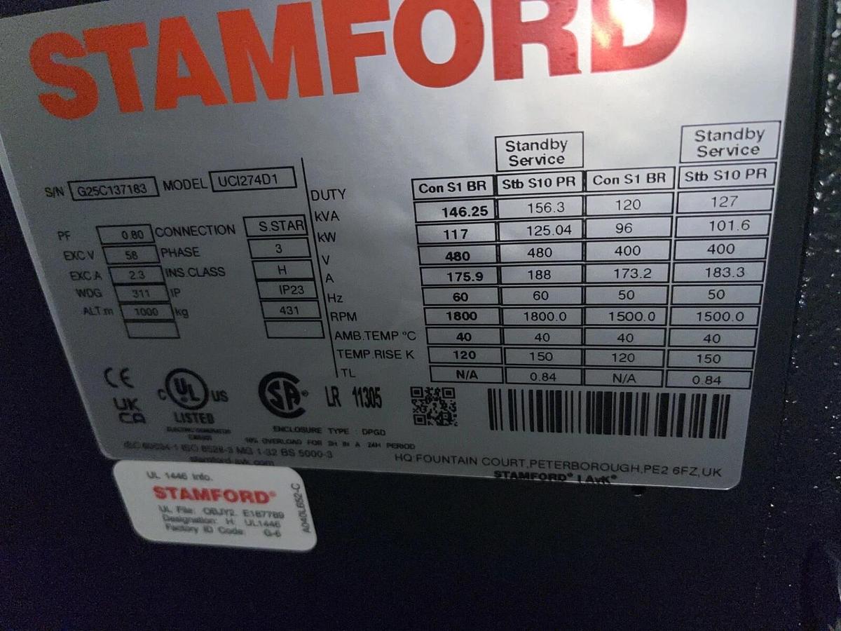 Used New 117kW (146kVA) Cummins / Stamford UCI274D1 Alternator - P/N: A041C532