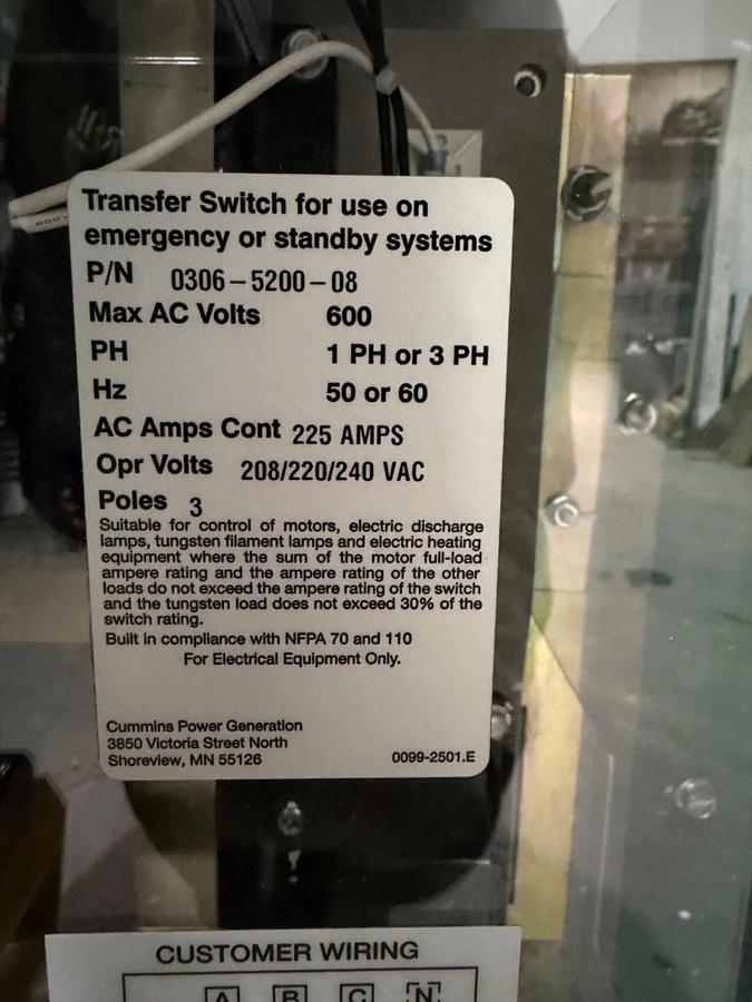 225 Amp 240V Cummins OTECSEB Automatic Transfer Switch - J23M283004