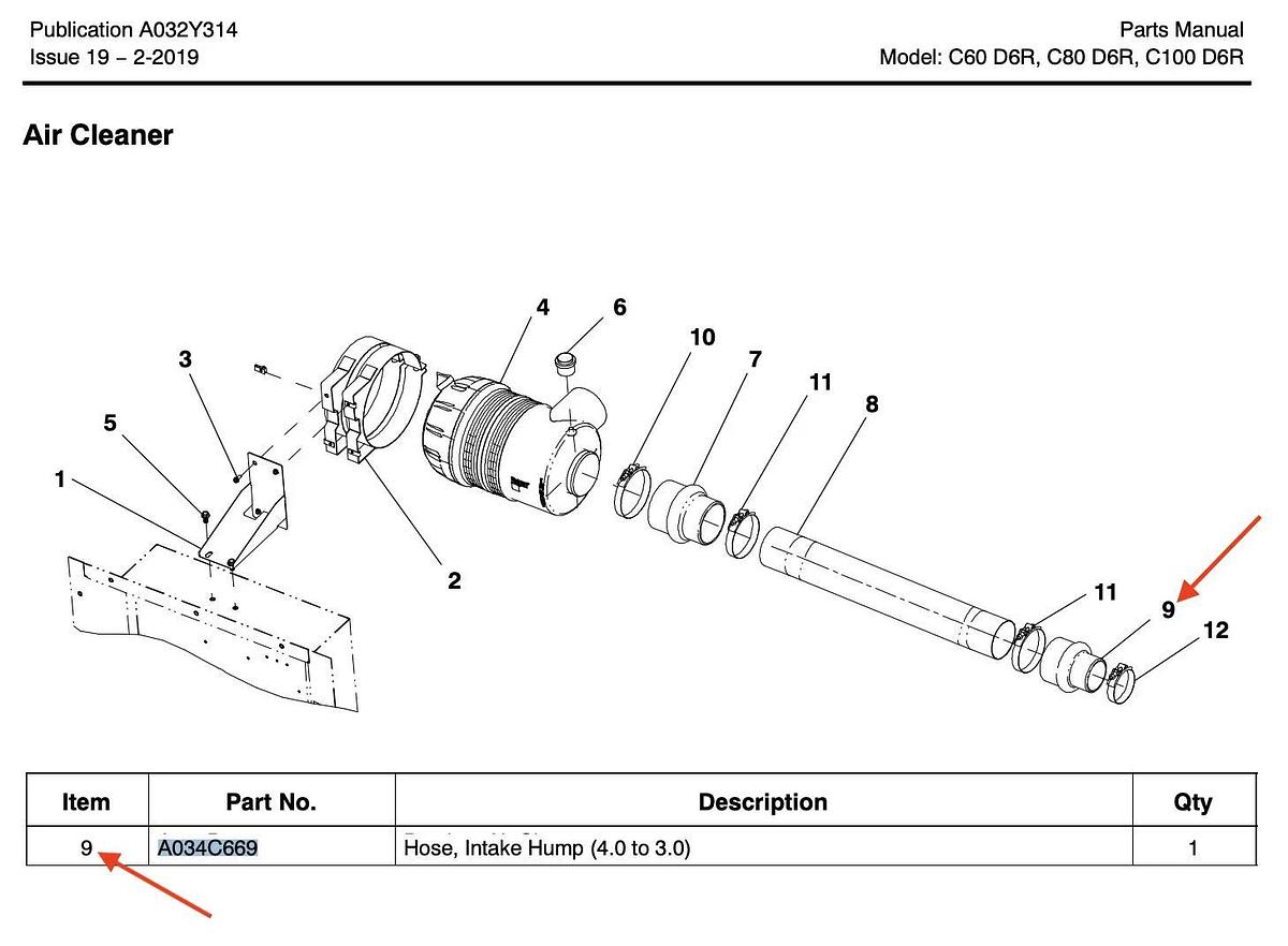 4" to 3" Air Intake Reducer Hump Adapter P/N: A034C669 | C60D6R C80D6R C100D6R