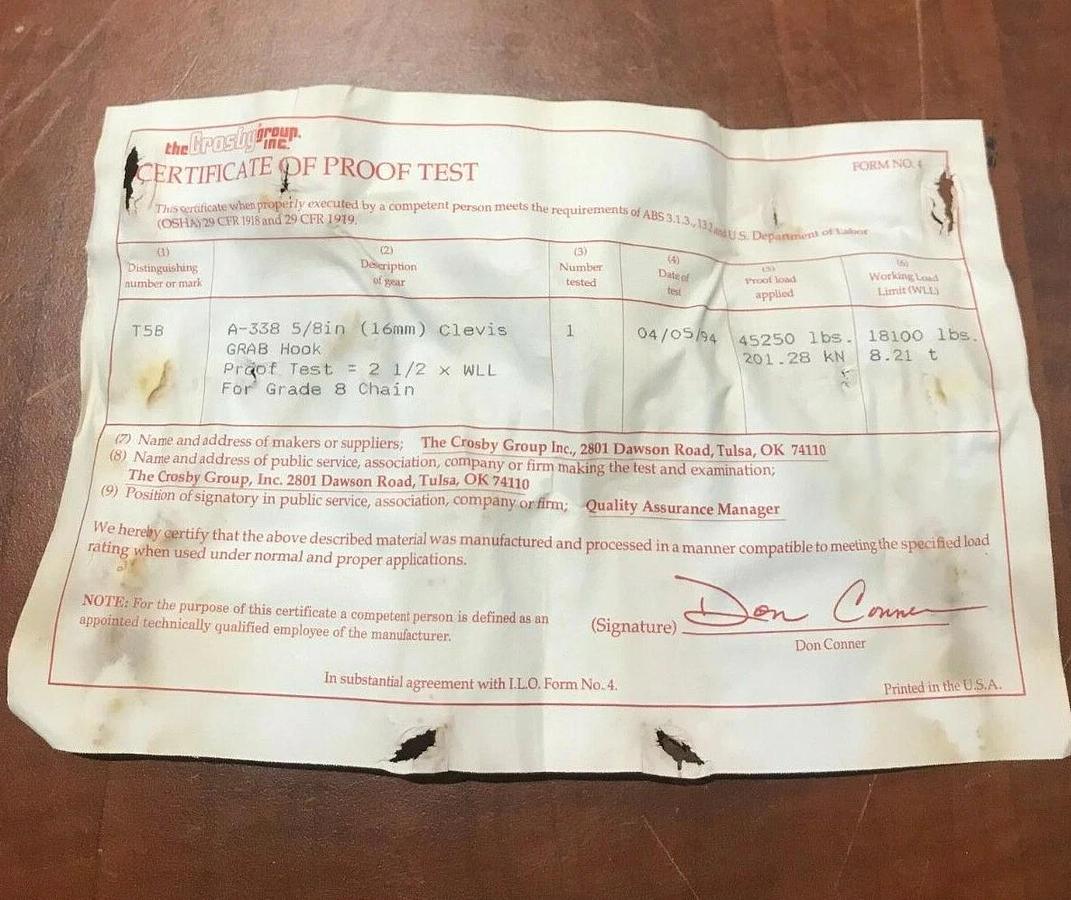 New Crosby 5/8" A-338 16MM Clevis Grab Hook Grade 80 WLL 18,100 lbs.