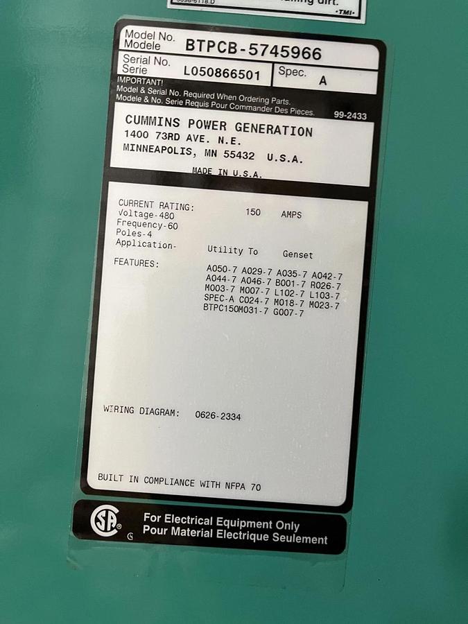 150A 480V Cummins BTPCB Spec. A Automatic Transfer Switch - S/N: L050866501