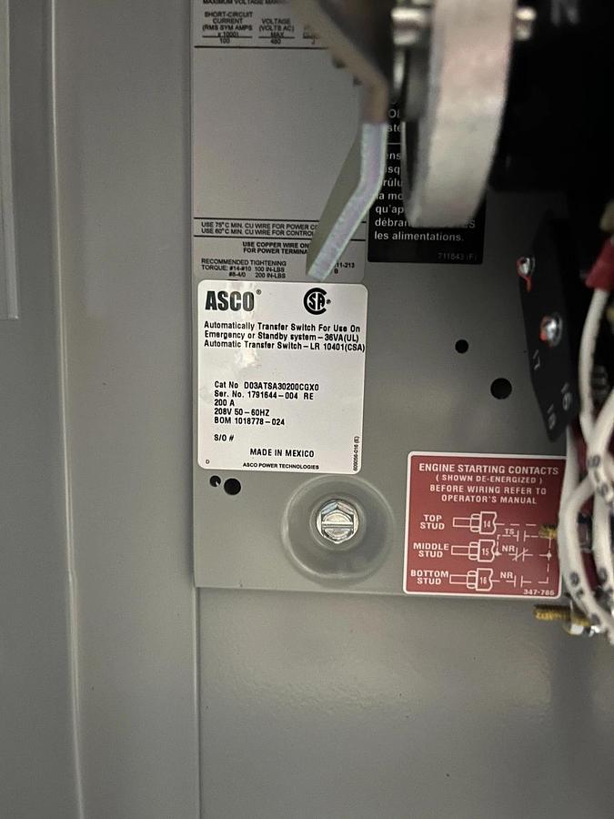 Used 200A 208V ASCO D03AUSA30200CGXM Automatic Transfer Switch - S/N: 1808631-004RE