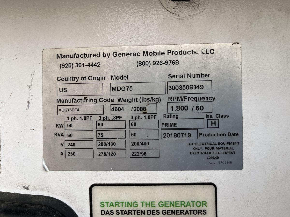Used 75kVA 2018 Generac MDG75 Mobile Diesel Generator - S/N: 3003509349 (New GenEnd!)