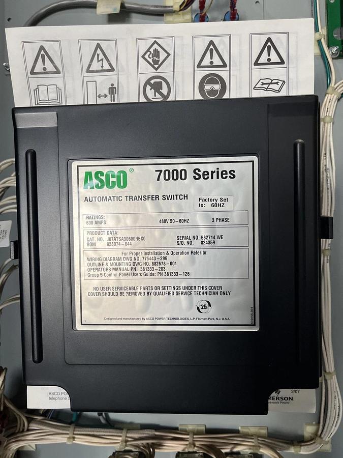 Used New 600 Amp 480V ASCO J07AUSA30600N5XC Automatic Transfer Switch - S/N: 582714WE