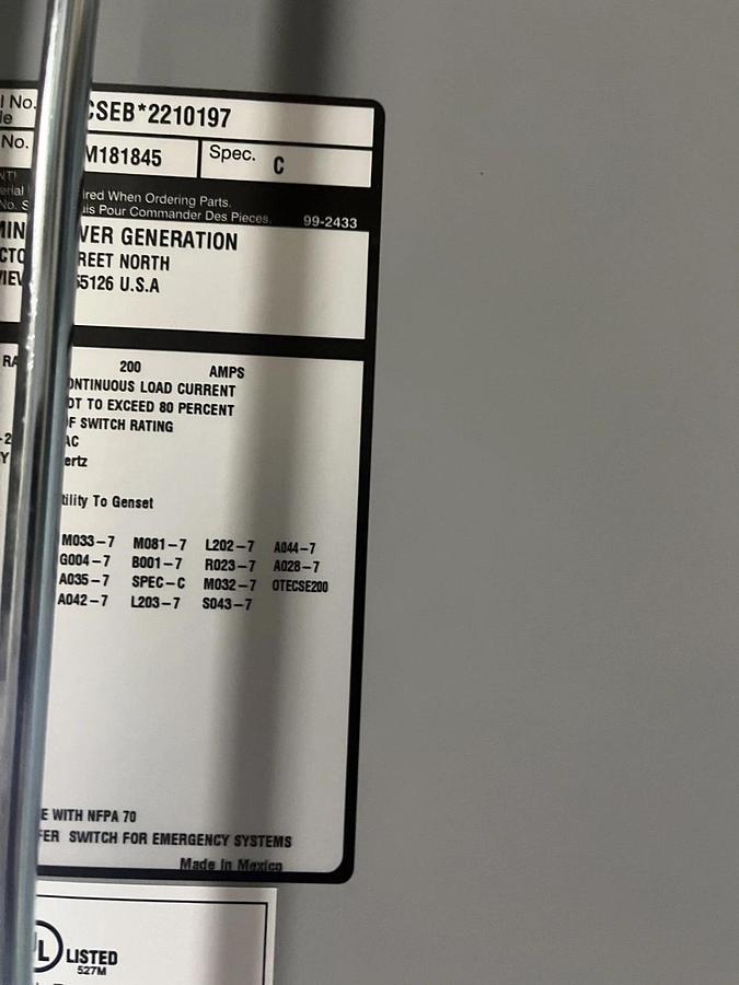 Used 200 Amp Cummins OTECSEB Service Entrance Auto Transfer Switch S/N: K22M181845