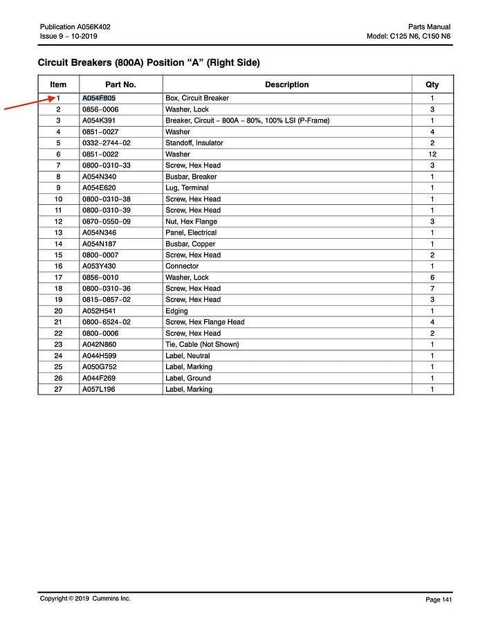 Used Cummins P/N: A054F805 Circuit Breaker Box | Made For: C125N6 C150N6 Generator