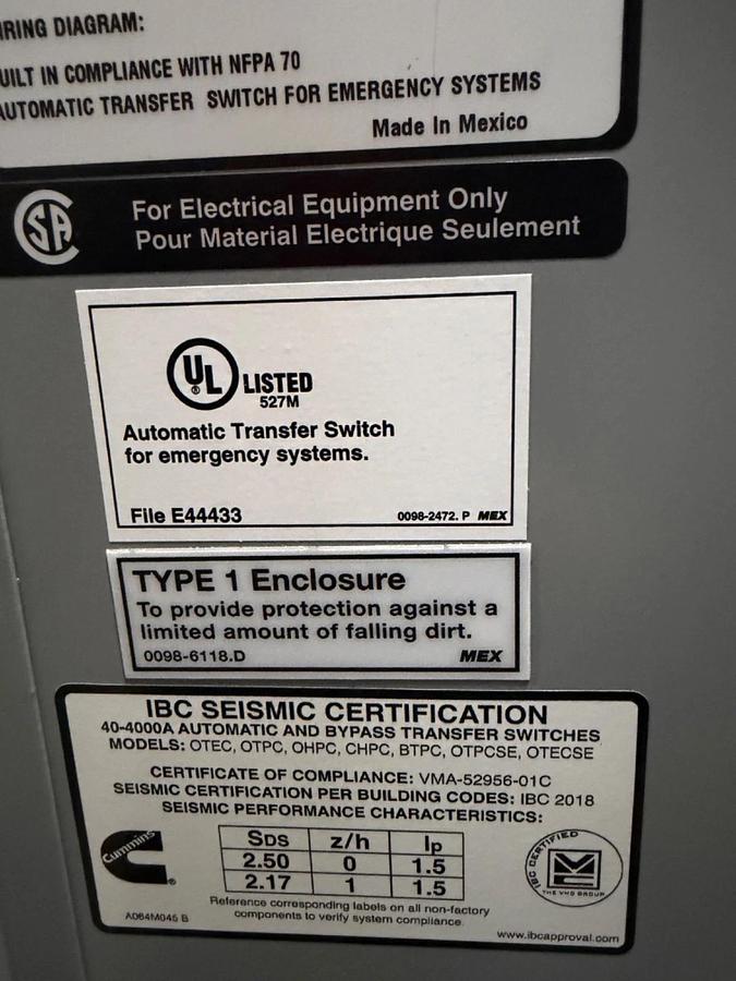 800A 208V Cummins OTECD Automatic Transfer Switch - E23M240584