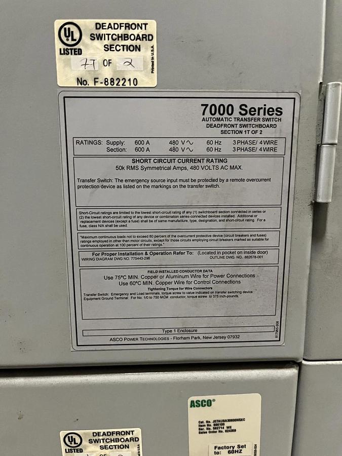Used New 600 Amp 480V ASCO J07AUSA30600N5XC Automatic Transfer Switch - S/N: 582714WE