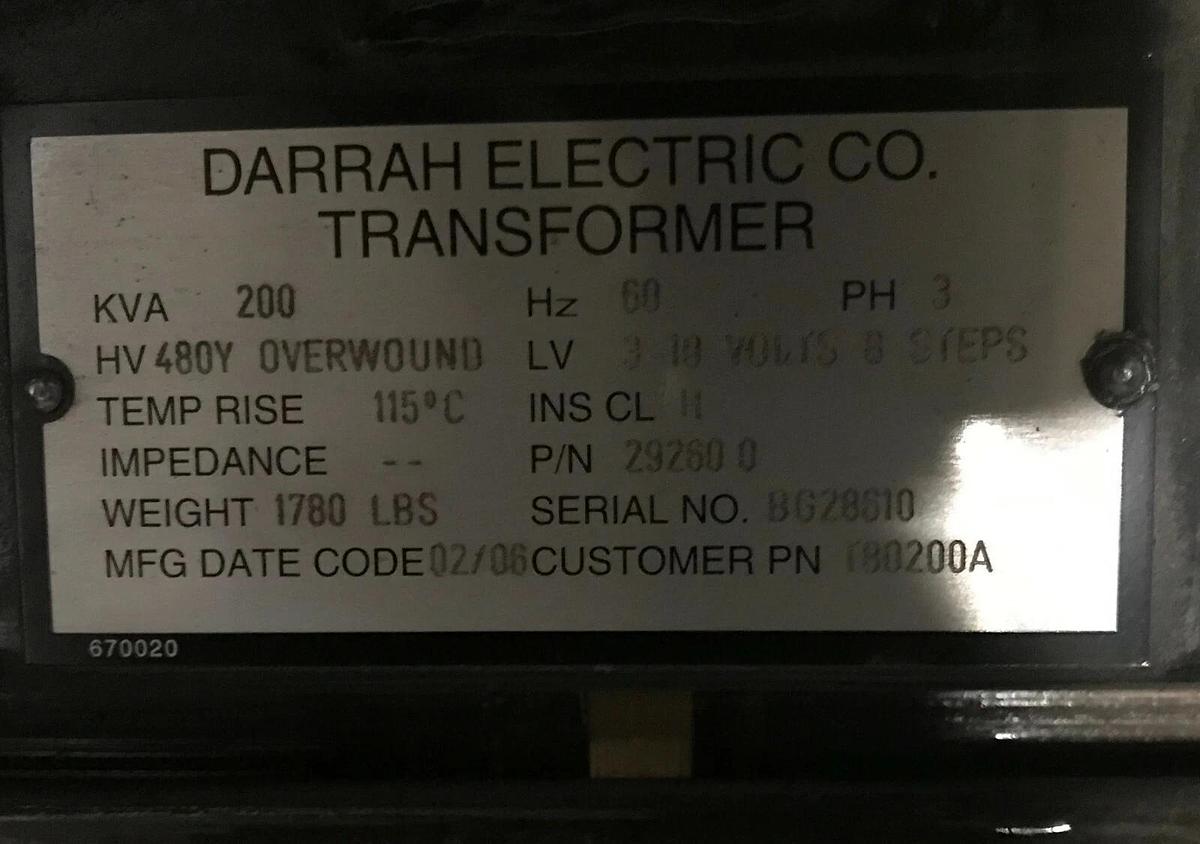 Used 200kVA Darrah Transformer | HV 480Y Overwound LV 3 10 Volts 8 Steps