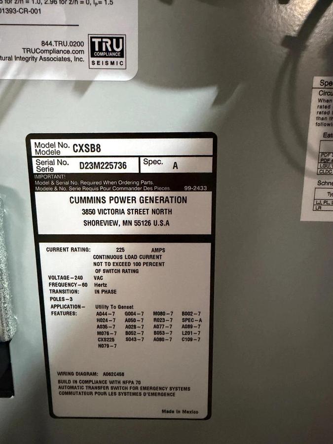 225A 240V Cummins CXSB8 Automatic Transfer Switch - D23M225736