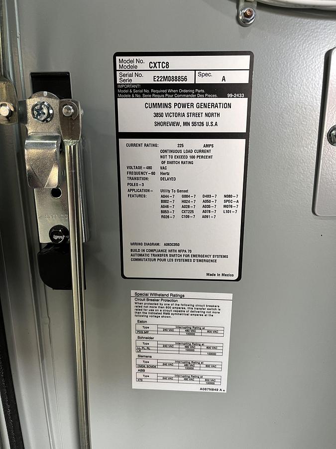 New 225A 480VAC Cummins CXTC8 Spec. A Automatic Transfer Switch - S/N: E22M088856