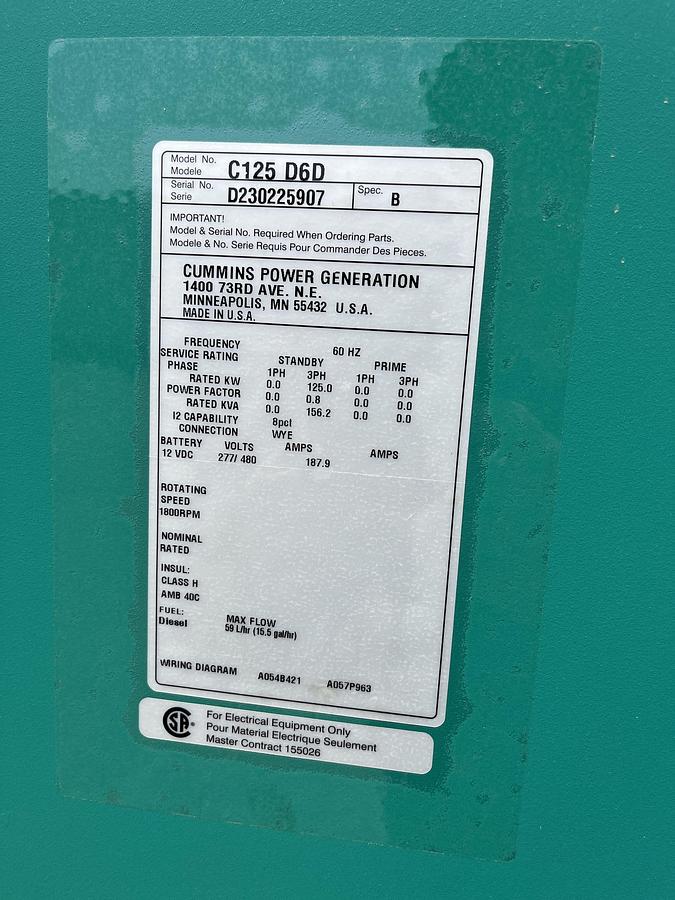 New 125kW Cummins C125 D6D Spec. B Stationary Diesel Generator - S/N: D230225907