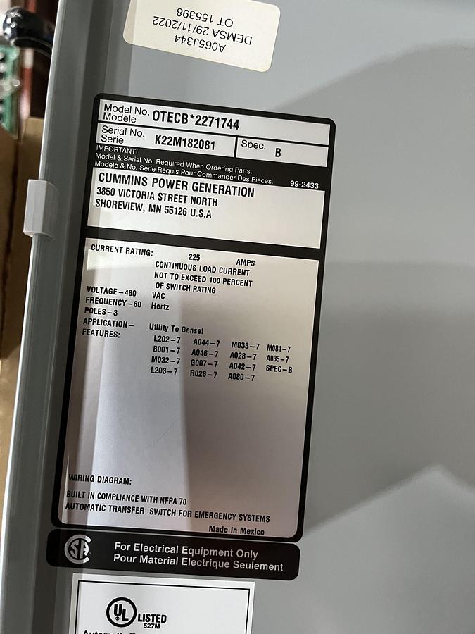 New 225A 480VAC Cummins OTECB Spec. B Automatic Transfer Switch