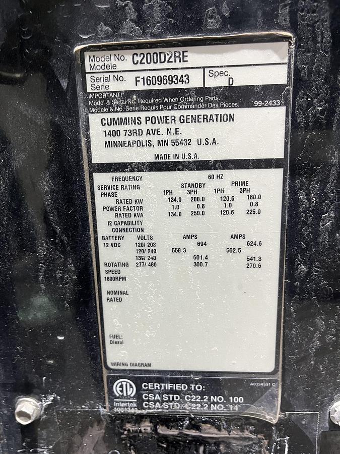 Used 200kW Cummins C200D2RE Spec. D Mobile Diesel Generator - S/N: F160969343