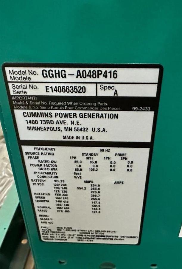 Used 85kW Cummins GGHG Stationary Natural Gas Generator S/N: E140663520