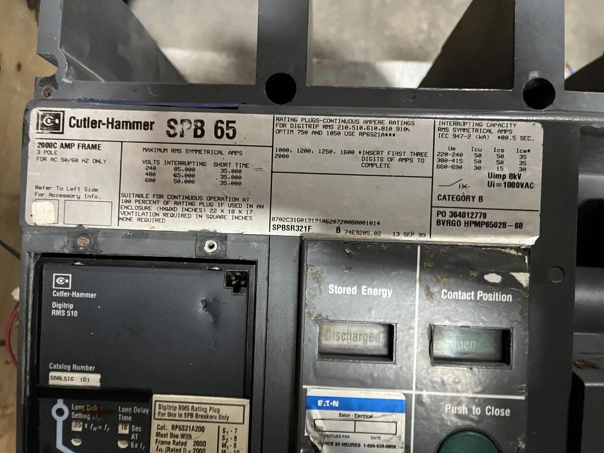 Used Used Cutler-Hammer 2000 Amp 3 Pole SPB65 Circuit Breaker - SPBSR321F-B