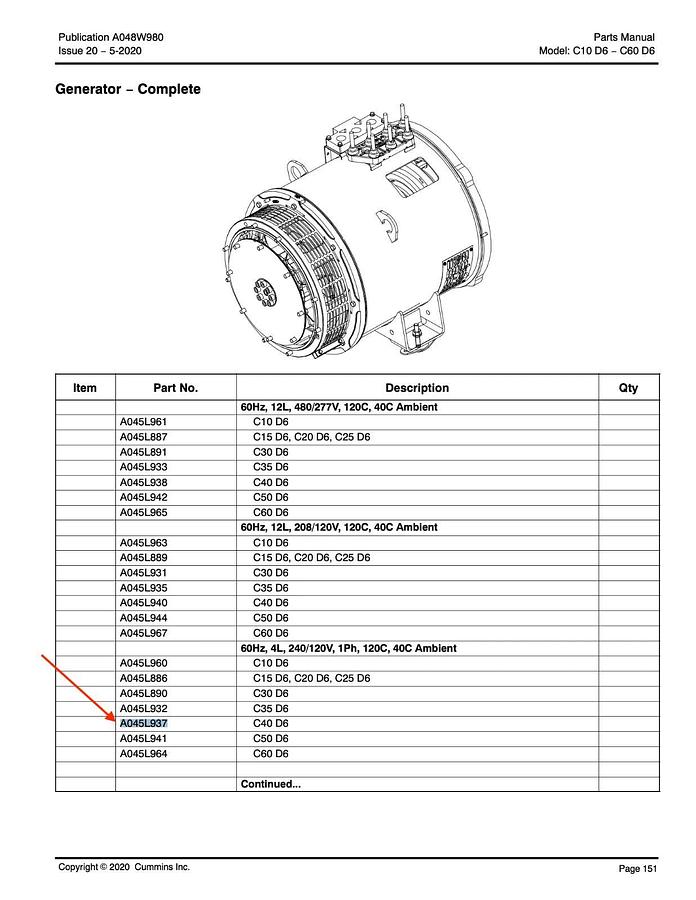 Used New 40kW Stamford Alternator CA125-G14 240V 1PH | P/N: A045L937 C35D6 C40D6