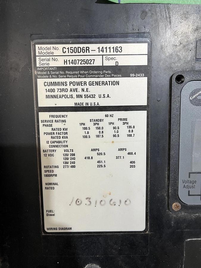 Used Used 150kw Cummins C150 D6R Spec. D Mobile Diesel Generator - S/N: H140725027