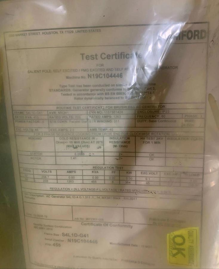 Used New 450kW Stamford S4L1D-G41 Alternator 480V 3PH | Winding: 311