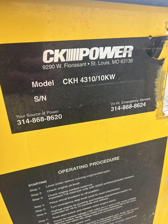 Used 10kw CK PowerCKH-4310 / Kohler 10CC0Z61 Mobile Diesel Generator