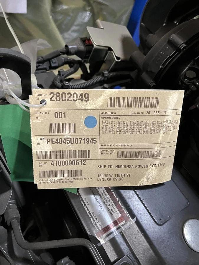 Used John Deere 4.5L Generator Drive Engine 4045HFG06 - S/N: PE4045U071945
