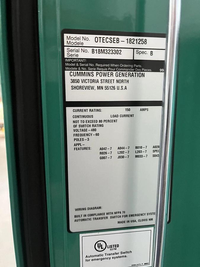 New 150 Amp 480V Cummins OTECSEB Spec. B - S/N: B18M323302