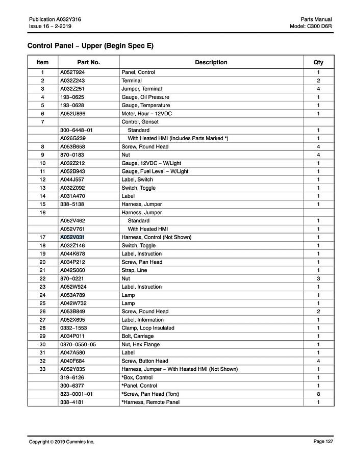 Used New Genuine OEM Cummins C300-D6R Control Harness | P/N: A052V031