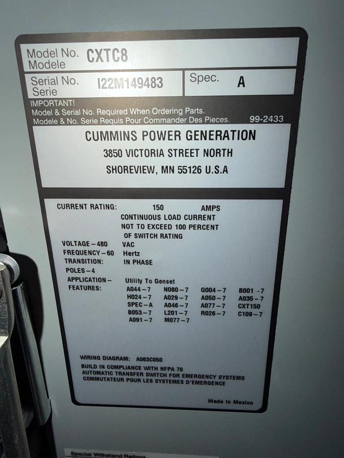 150A - 480V Cummins CXTC8 Automatic Transfer Switch  - I22M149483