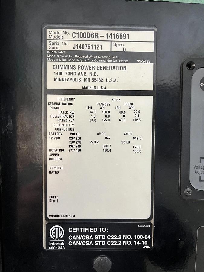 Used 100kw Cummins C100D6R Spec. D Mobile Diesel Generator - S/N: J140751121