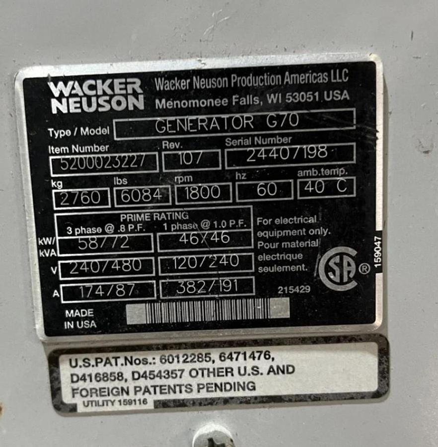 Used 70kva Wacker Neuson G70 Mobile Diesel Generator - S/N: 24407198