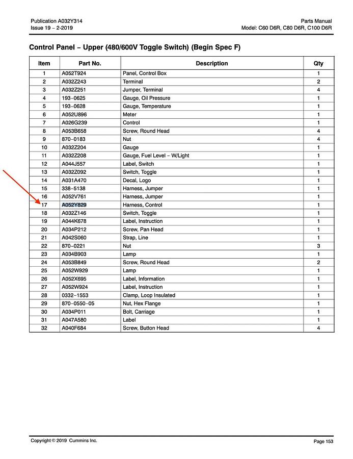 Used New Genuine OEM Cummins Tier 3 600V Control Harness C100-D6R | P/N: A052Y829