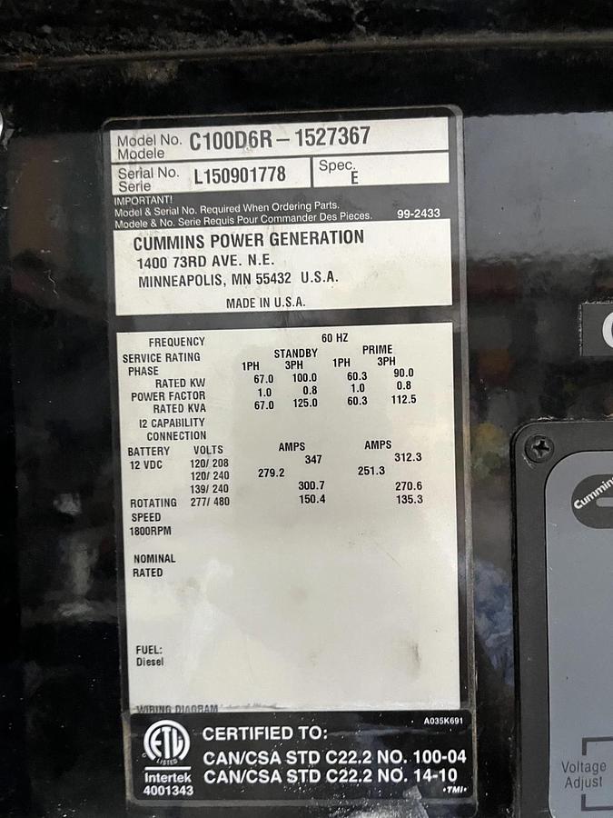 100kw Cummins C100D6R-1527367 Spec. E Mobile Diesel Generator - S/N: L150901778