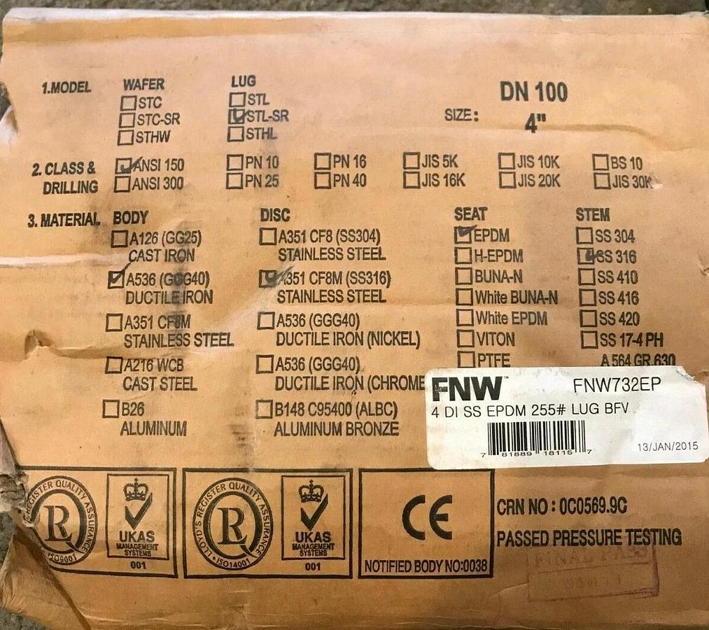 New 4" FNW Butterfly Valve EPDM ANSI 150 Ductile Iron | P/N: FNW732EP