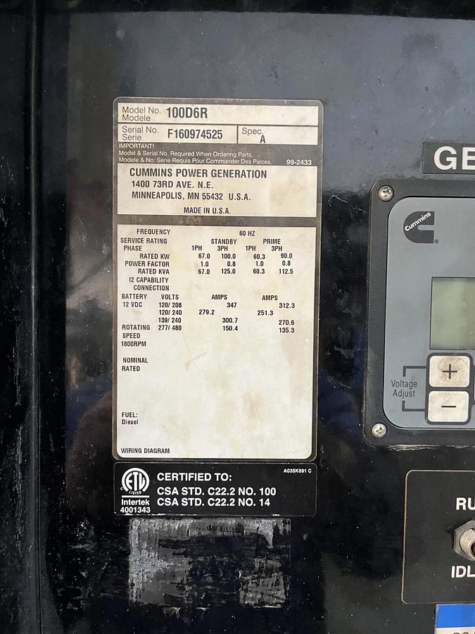 100kW Cummins C100D6R Mobile Diesel Generator S/N: F160974525 - New Engine!