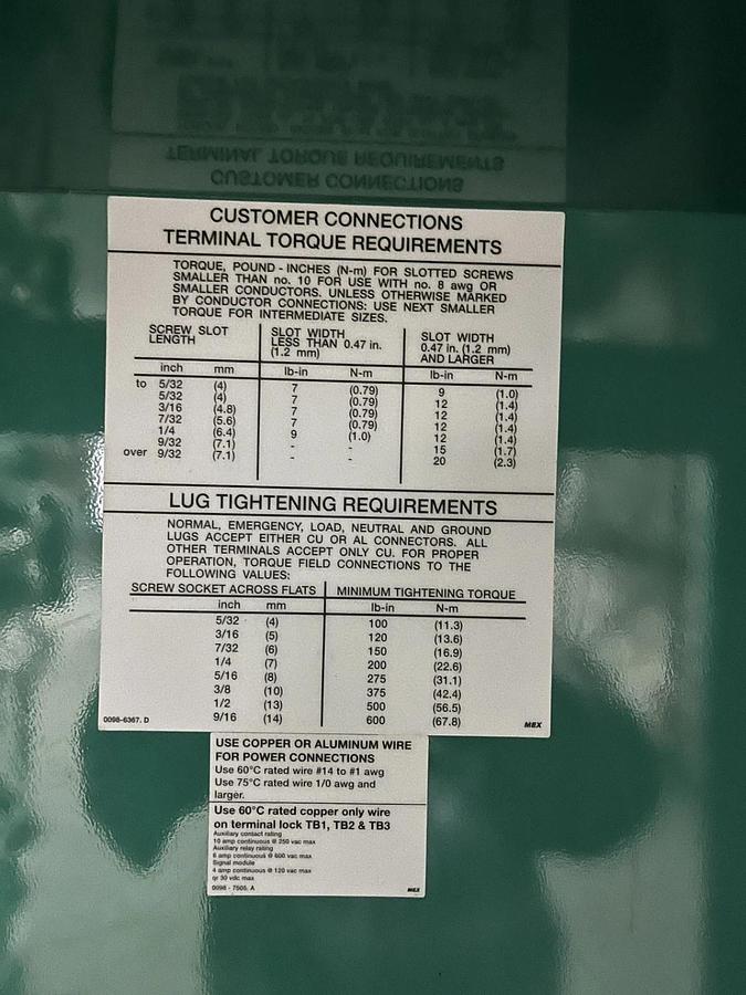 Used New 225 Amp 480VAC Cummins BTPCB Automatic Transfer Switch - S/N: F19M577949