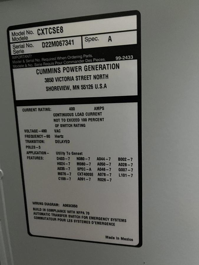 Used Cummins CXTSE Automatic Transfer Switch 400A 480V - D22M067341