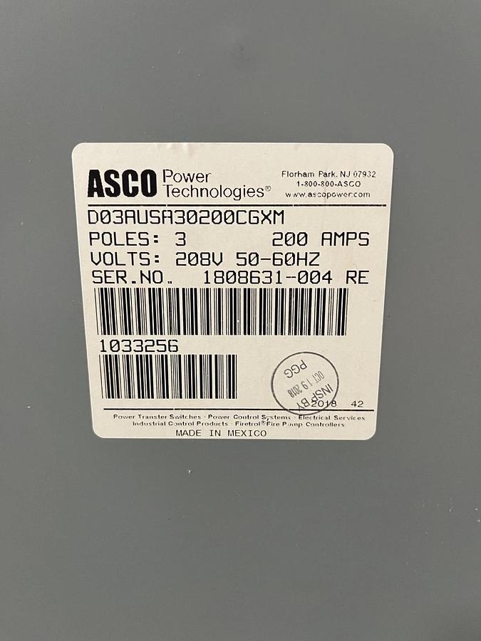 Used 200A 208V ASCO D03AUSA30200CGXM Automatic Transfer Switch - S/N: 1808631-004RE