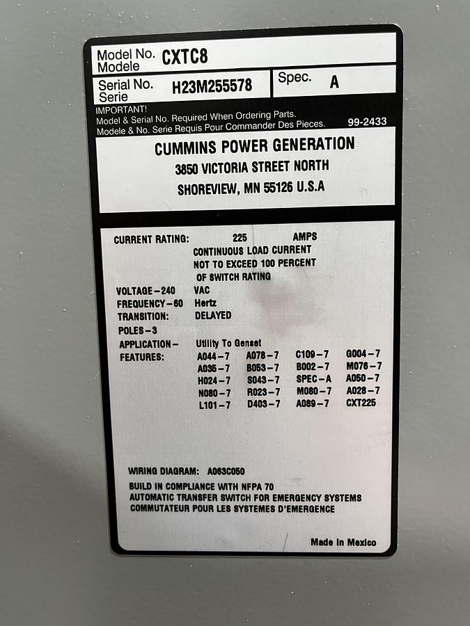 New 225 Amp 240VAC Cummins CXTC8 Spec. A Automatic Transfer Switch - S/N: H23M255578