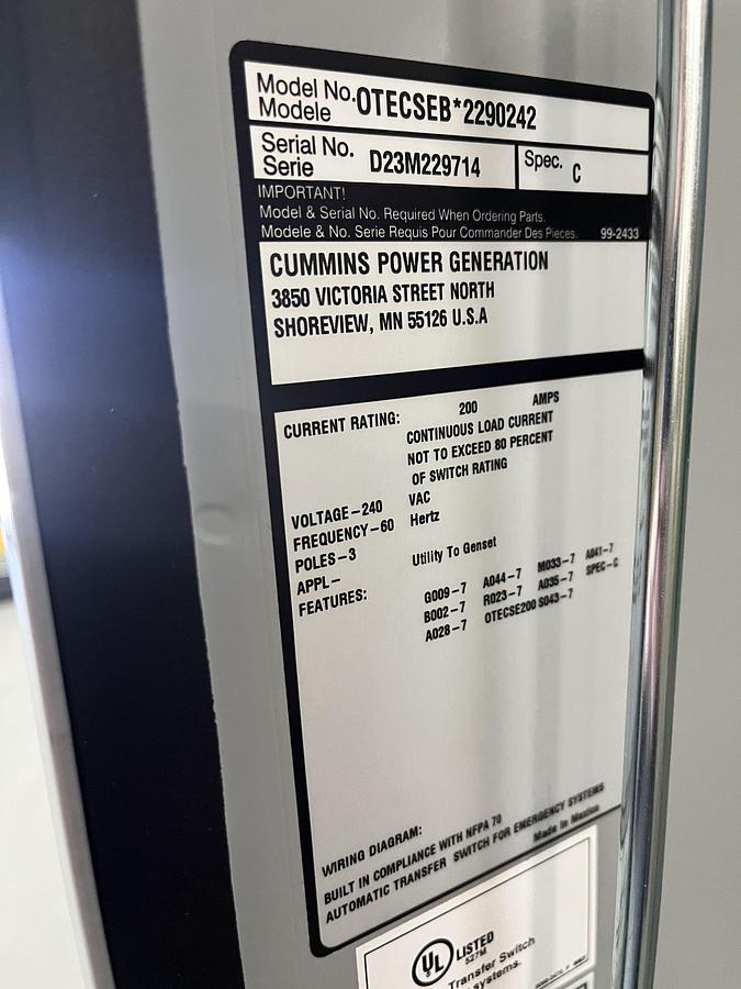 200 Amp 240VAC Cummins OTECSEB Spec. C Automatic Transfer Switch - S/N: D23M229714