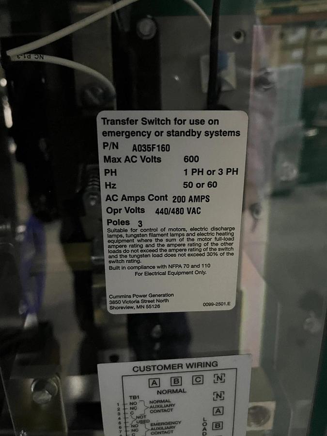 Used 200A 480VAC Cummins OTECSEB Spec. C Automatic Transfer Switch - S/N: E23M232923