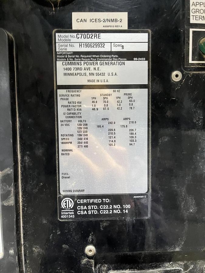 Used 70kw Cummins C70D2RE Spec. B Mobile Diesel Generator - S/N: H190629932