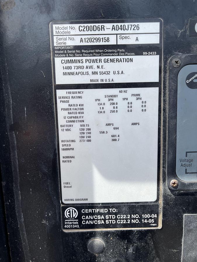 Used 200kW Cummins C200D6R Spec. A Mobile Diesel Generator - S/N: A120299158