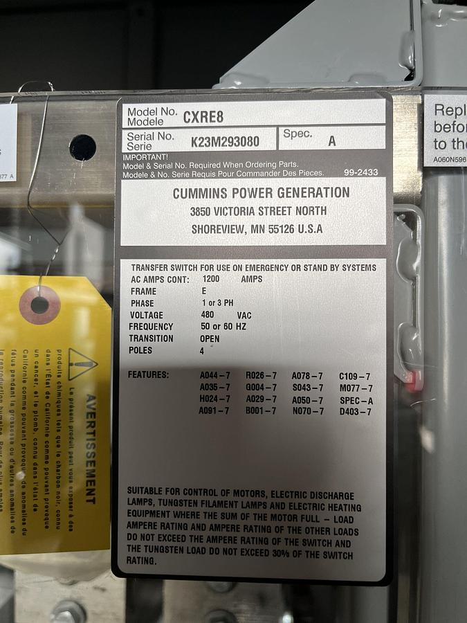 New 1200 Amp 480VAC Cummins CXRE8 Spec. A Automatic Transfer Switch - S/N: K23M293080