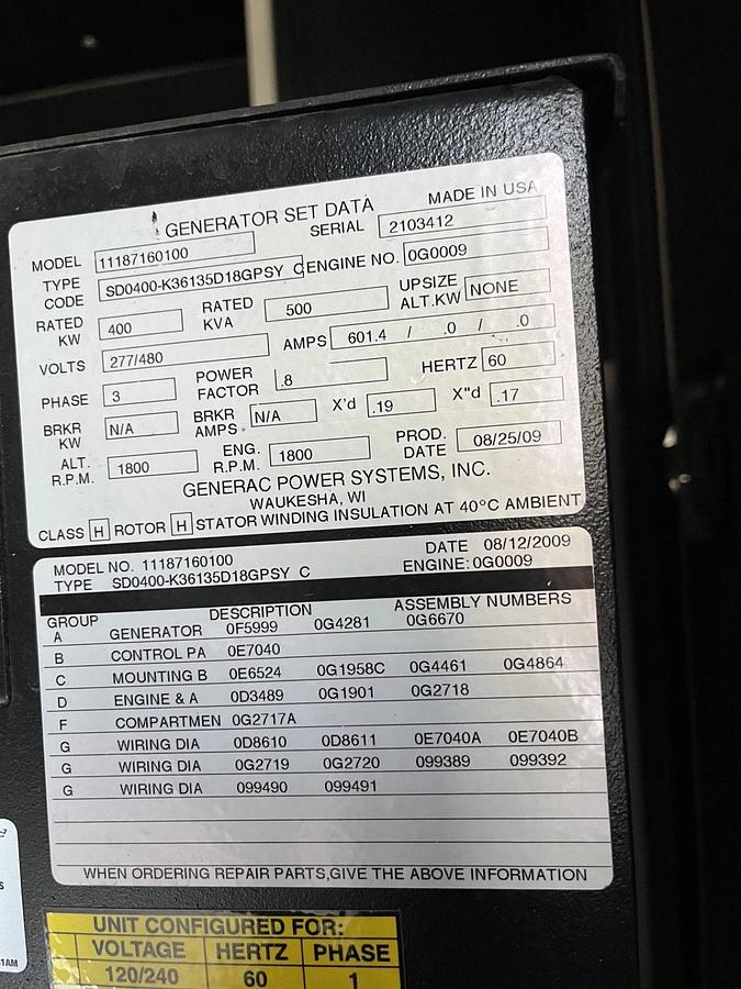 Used 400kw Generac SD400 13.5L Stationary Industrial Diesel Generator - S/N: 2103412