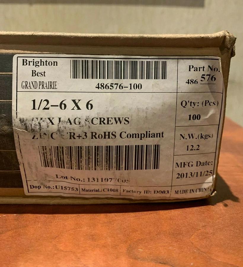 Used Brighton Best 1/2" x 6" Bulk Hex Zinc Lag Screws Bolts (150 Pack) PN 486576-100