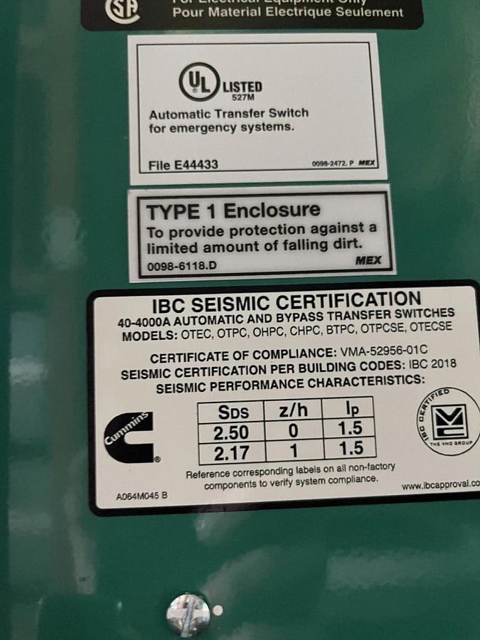 Used 125 Amp 480VAC Cummins OTPCA Spec. A Automatic Transfer Switch - S/N: B22M047850