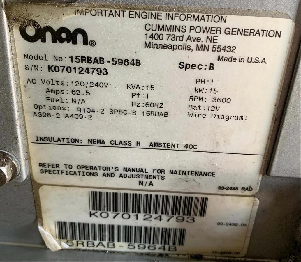 Used 15kW Cummins Onan Hydraulic Generator 120/240V 15RBAB-5964B | SN: K070124793