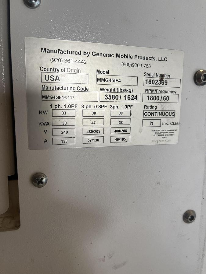 Used 45 kVA Generac MMG45IF4 Mobile Diesel Generator - S/N: 1602369